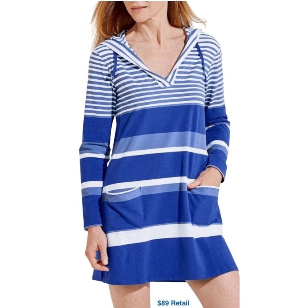 COOLIBAR Catalina Beach Cover-Up Dress Size M Blue White Striped Coastal UPF 50+